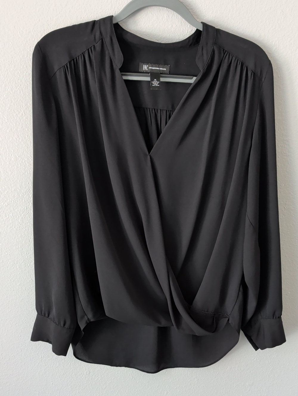 INC International Concepts Black Draped Crossover Blouse